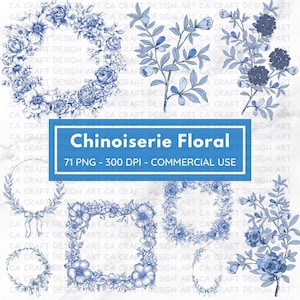 Vintage Chinoiserie Floral Clipart PNG Bundle, Chinoiserie Floral Patterns, Branding, Botanical Wreaths, Borders for Wedding Invites