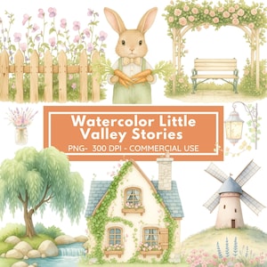 Aquarell Little Valley Geschichten Clipart, niedlichen Kaninchen, Frühling Tiere Clip Ar, Vintage Hase PNGt, Garten Clipart, digitaler Download