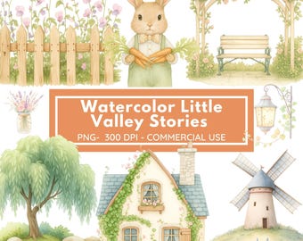 Clipart de historias de Little Valley en acuarela, conejos lindos, clip art de animales de primavera, conejito vintage PNGt, clipart de jardín, descarga digital