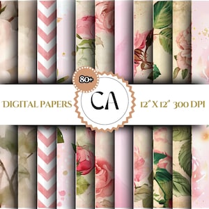 Aquarell Grandmillennial nahtlose Muster, digitales wiederholendes Muster, Scrapbook-Papier, Pastellblumen JPEG, Streifen, kariert, Glitter