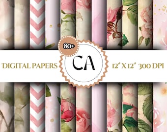 Watercolor Grandmillennial Seamless Patterns, Digital Repeating pattern, Scrapbook Paper,  Pastel Floral JPEG, Stripes, Plaid, Glitter