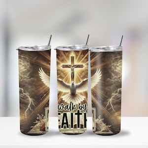 May include: A set of three stainless steel tumblers with lids and straws. Each tumbler features a religious design with a cross, dove, and the text "walk by FAITH" against a golden background with clouds and lightning.