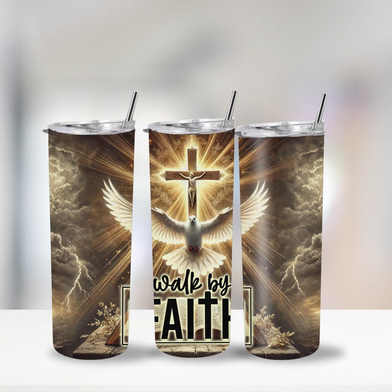 May include: A set of three stainless steel tumblers with lids and straws. Each tumbler features a religious design with a cross, dove, and the text "walk by FAITH" against a golden background with clouds and lightning.