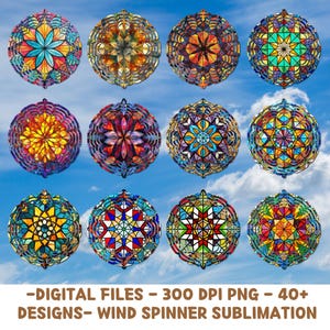 Könnte beinhalten: Zwölf bunte Windmühlen aus Glasmalerei mit komplizierten geometrischen Mustern. Die Windmühlen sind rund und in verschiedenen Farben gehalten, darunter Rot, Blau, Grün, Gelb und Orange.