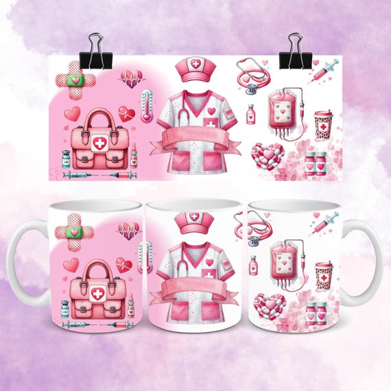 Custom Nurse Mug Wrap PNG | Add Your Text Nurse Sublimation Design | Pink Nurse Coffee Cup Wrap | Medical Nurse Gift 11oz 15oz Mug Template