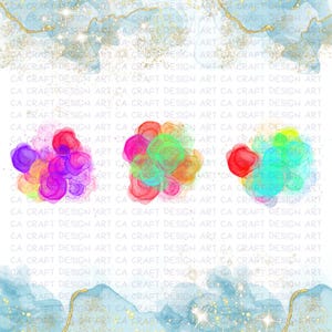 Puede incluir: Arte digital con tres manchas de acuarela abstractas y coloridas en tonos morado, rojo, naranja, verde y azul. El fondo tiene un lavado de acuarela azul claro con detalles de purpurina dorada y el texto "CA CRAFT DESIGN ART".