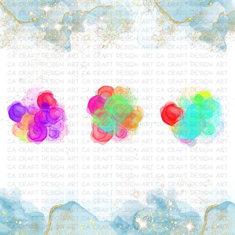 Puede incluir: Arte digital con tres manchas de acuarela abstractas y coloridas en tonos morado, rojo, naranja, verde y azul. El fondo tiene un lavado de acuarela azul claro con detalles de purpurina dorada y el texto "CA CRAFT DESIGN ART".