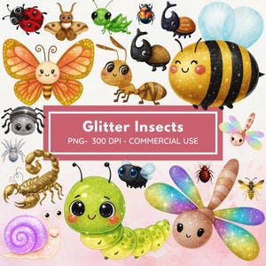 Glitter Insects Clipart, Insects Clipart, Spring Clip Art Bundle, Garden Creatures Clipart, Bee Watercolor Clipart, Bug Birthday Png