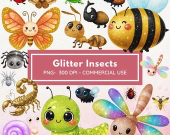 Glitter Insects Clipart, Insects Clipart, Spring Clip Art Bundle, Garden Creatures Clipart, Bee Watercolor Clipart, Bug Birthday Png
