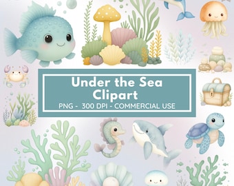 Under the Sea Clipart Bundle | Cute Ocean Animals PNG | Sea Life Elements, Mermaid Decor, Watercolor Marine Creatures 300 DPI Commercial Use