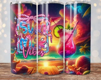 Summer Vibes Tumbler Wrap, 20oz Skinny Sublimation Tumbler Design, Sunset Flip Flops Sunglasses Beach Ocean PNG Design