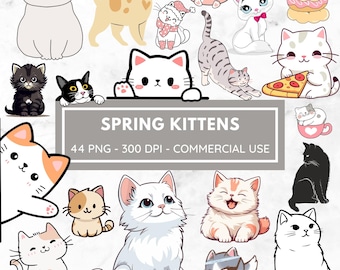 2D flat floral cat clipart, goodnotes stickers, cute spring pngSpring Kittens Digital Stickers, , cat digital journaling set, transparent