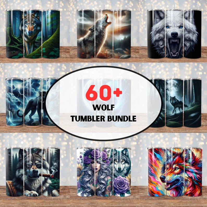 May include: A set of 60+ wolf-themed tumblers. The tumblers feature a variety of wolf designs, including howling wolves, wolves in the forest, and wolves with flowers. The tumblers are perfect for adding a touch of personality to your home or office.
