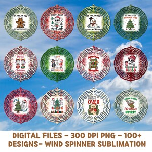 May include: A collection of decorative wind spinner designs with various Christmas and holiday-themed graphics. Each design features a circular shape with scalloped edges and includes text such as "Merry Christmas" and "Christmas Spirit". The designs are in red, green, and blue.