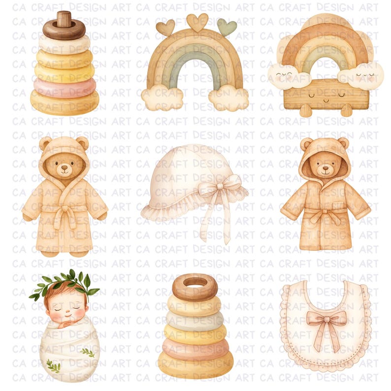 Watercolor Neutral Baby Shower Clipart Bundle, Boho Beige Gender ...