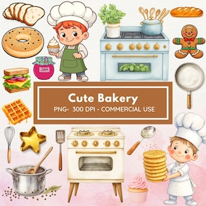 Cute Bakery Clipart - Watercolor - Baking Utensils - Kids Clipart Bundle - Mixer - Cupcake - Pastel Baking Png - Desserts - Commercial Use