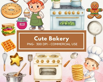 Cute Bakery Clipart - Watercolor - Baking Utensils - Kids Clipart Bundle - Mixer - Cupcake - Pastel Baking Png - Desserts - Commercial Use