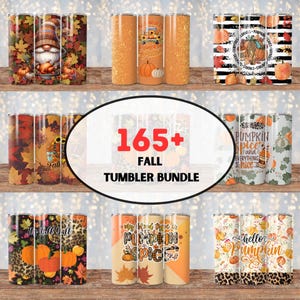 Puede incluir: Una colección de vasos con temática otoñal con varios diseños. Algunos vasos presentan calabazas, hojas de otoño y el texto "Pumpkin Spice". Otros tienen un gnomo, estampado de leopardo y el texto "It's Fall Y'all". La imagen también incluye el texto "165+ Fall Tumbler Bundle."