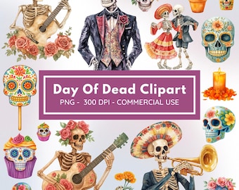 Day of the Dead Clipart | Dia de los Muertos PNG Bundle | Sugar Skull Watercolor Art | Halloween Skeleton Clipart | 300 DPI Commercial Use