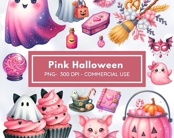 Różowy zestaw clipartów PNG z motywem Halloween – urocze pastelowe duchy, babeczki, czarownice i dynie z okazji Halloween – 300 DPI Kawaii, upiorne, do użytku komercyjnego
