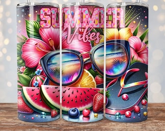 Summer Floral Tumbler Wrap, 20oz Skinny, Flowers Sublimation Designs, Summer Vibes Tumbler Wrap, Flip Flops png, Tropical Flowers Tumbler