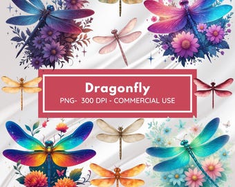 Watercolor Dragonfly Floral Clipart Sublimations Bundle, Dragonfly Insect PNG Clipart, Decorative Collection, Making Invitation Commercial