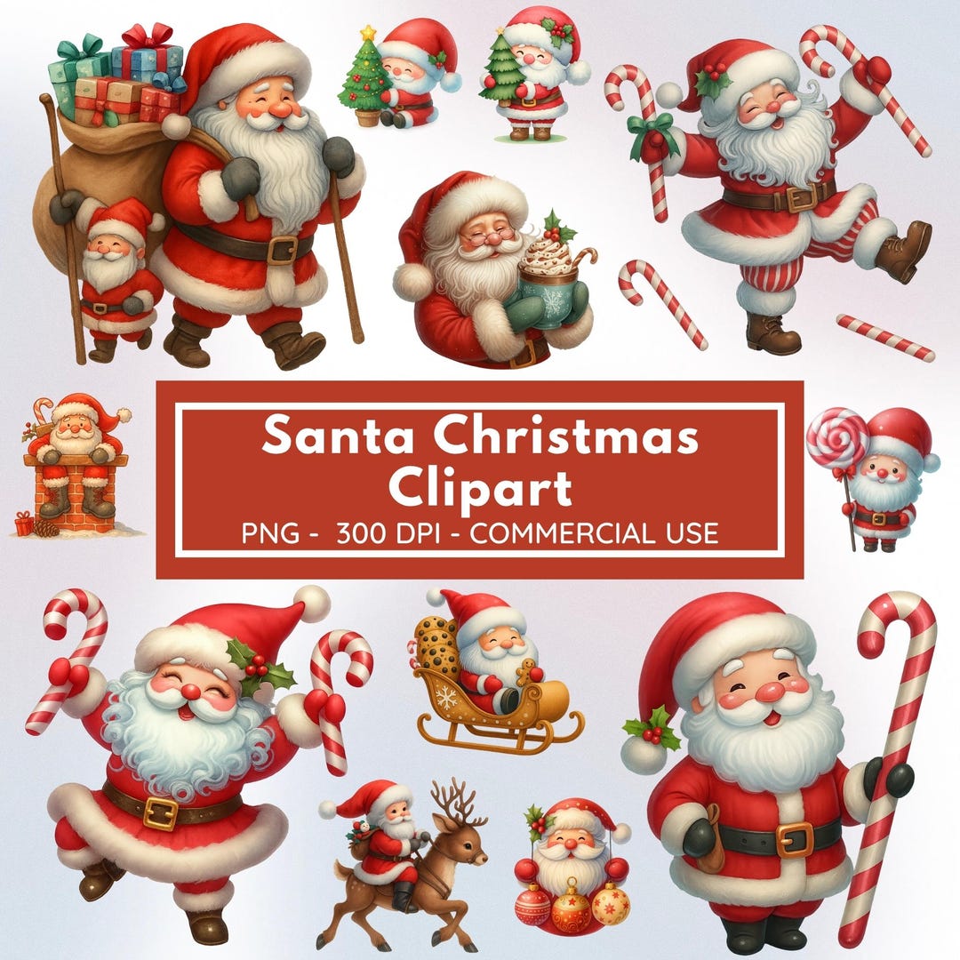 Santa Christmas Clipart Bundle PNG, Cute Santa Claus Illustrations ...