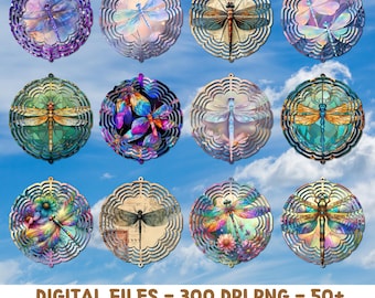 Dragonfly Wind Spinner Sublimation Design Bundle, Mystical Dragonfly Night Garden, Vibrant Windspinner, Home Decor Art, Round PNG Download