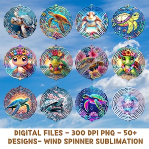 May include: Twelve colourful wind spinners featuring various designs of sea turtles with flowers, shells, and ocean-themed elements. The spinners are circular and have a metal frame.
