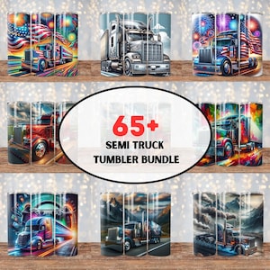 May include: A collection of 65+ semi truck tumbler designs. The tumblers feature a variety of designs, including patriotic themes, abstract art, and scenic landscapes. The tumblers are all stainless steel and have a double-walled construction to keep drinks cold or hot for hours.