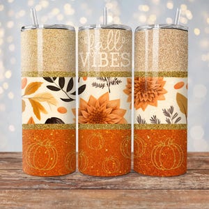 Fall Vibes Tumbler Wrap, Fall Tumbler Design, Glitter Pumpkin 20 oz Skinny Sublimation Design, Fall Leaf Sunflower PNG, Fall Autumn Tumbler