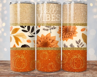 Fall Vibes-bekeromslag, herfstbekerontwerp, glitterpompoen 20 oz mager sublimatieontwerp, herfstbladzonnebloem, png, herfst-herfstbeker