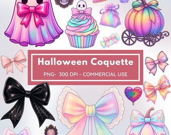 Halloween Coquette Clipart Bundle – Cute Ghost, Pastel Bow, Kawaii Pumpkin PNG Set | 300 DPI Commercial Use Digital Download