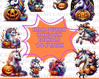Könnte beinhalten: Ein Set mit 14 digitalen Clipart-Bildern mit Halloween-Einhörnern mit Kürbissen. Die Einhörner sind in verschiedenen Posen und haben unterschiedlich farbige Mähnen und Schwänze. Der Text "HALLOWEEN UNICORN BUNDLE 14 PACK" befindet sich in einer Sprechblase.
