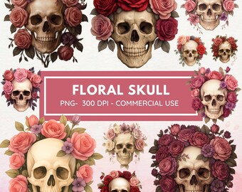 Watercolor Floral Skull clipart bundle, Skulls with moths png designs, Boho floral skull with flowers crafts, sublimation Commercial use