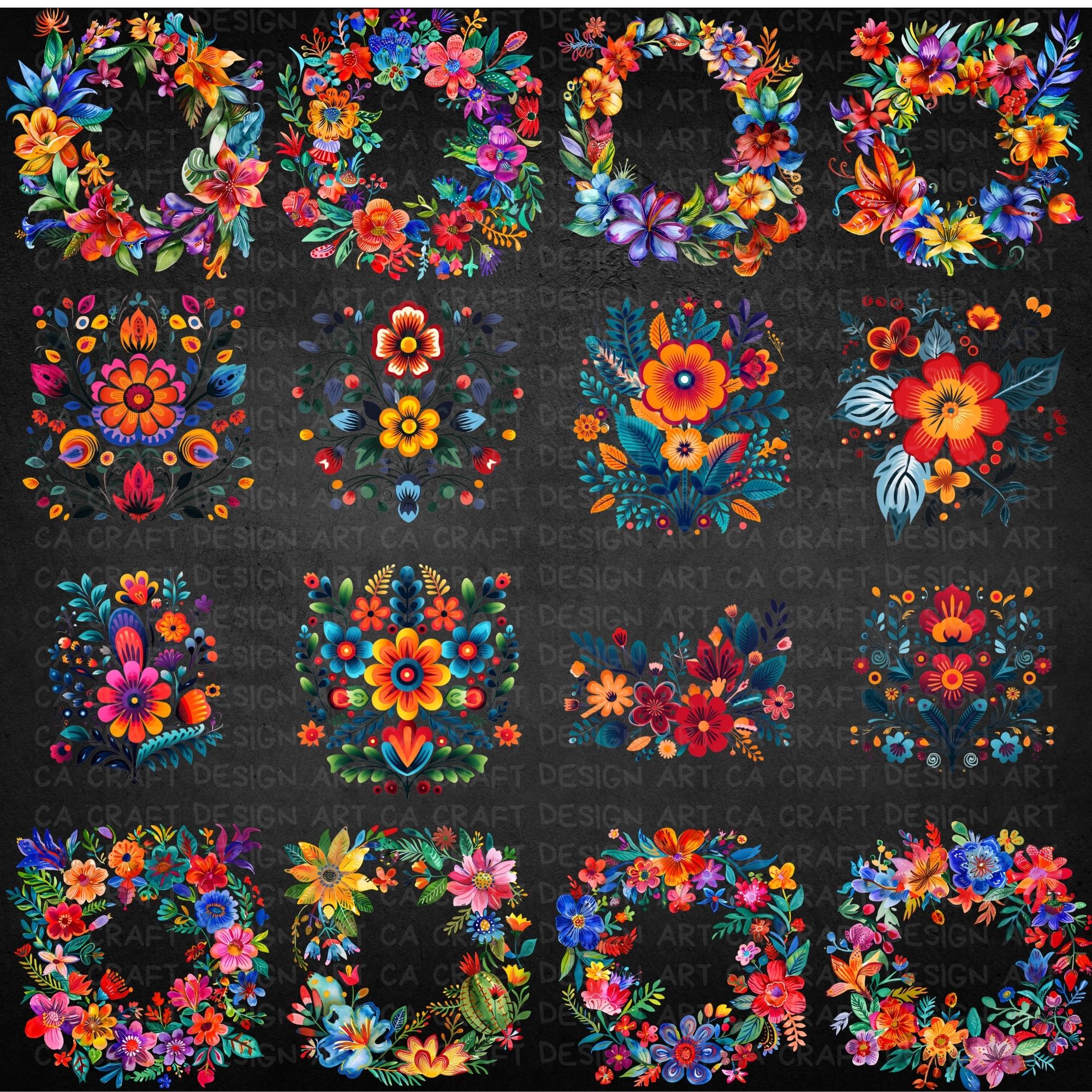 Mexican Flowers Fiesta Party Clipart Bundle, Watercolor Vibrant Floral ...