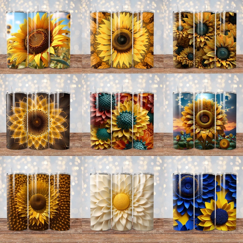 May include: Set of nine 20 ounce stainless steel tumblers with various sunflower designs. The tumblers feature different colors and patterns, including yellow, blue, and white.