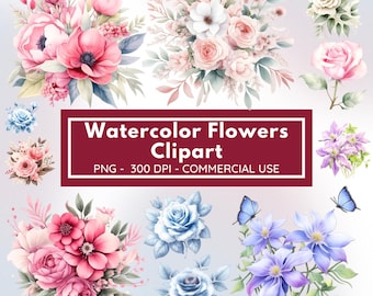Aquarell Blumen Clipart Bundle | Blumen PNG 300 DPI | Pastell Rosenstrauß Aquarell | Kommerzielle Nutzung Blume Clipart