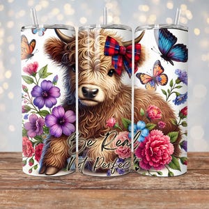 Floral Highland Cow Tumbler Wrap: Inspirational Sublimation Design (PNG Downloads)