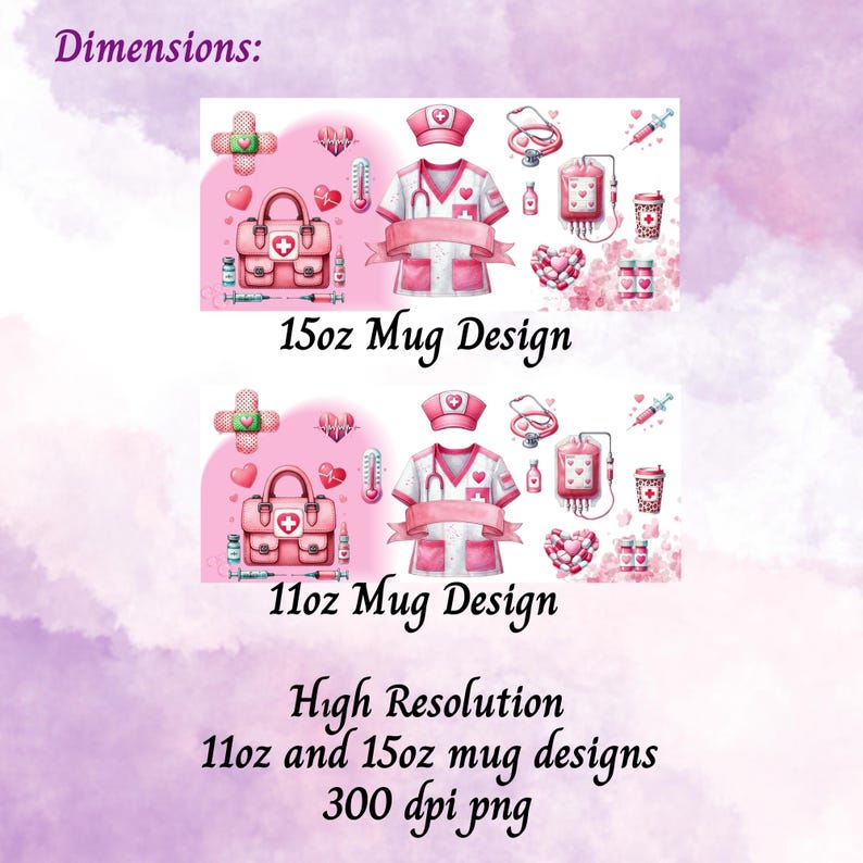 Peut inclure: Motifs aquarelles roses et blancs pour tasses de 312 ml et 444 ml. Les motifs pr&eacute;sentent des illustrations sur le th&egrave;me m&eacute;dical, notamment un uniforme d'infirmi&egrave;re, une trousse m&eacute;dicale et des formes de c&oelig;ur. Le texte indique "15oz Mug Design" et "11oz Mug Design".