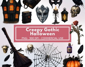 May include: A collection of spooky Halloween-themed illustrations. Includes a haunted house, masks, a raven on a skull, a spider web with a spider, a pumpkin, a witch's broom, and the text "Creepy Gothic Halloween".