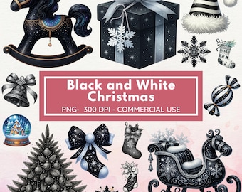 Schwarzweiße PNG Bündel - 300 DPI Feiertags Clipart – Moderne Monochrome Weihnachtsdekor Illustrationen – Kommerzielle Nutzung