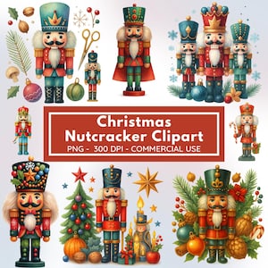 May include: A selection of colourful Christmas nutcracker clipart illustrations. The images feature various nutcracker designs in red, green, and blue uniforms, with gold accents. The text "Christmas Nutcracker Clipart" is displayed on a red banner.