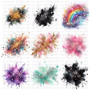 Puede incluir: Nueve dise&ntilde;os de acuarela con explosiones coloridas con purpurina y estrellas. Los dise&ntilde;os incluyen esquemas de color arco&iacute;ris, dorado, negro, rosa, morado y verde azulado. El texto "CA CRAFT DESIGN ART" se repite en la imagen.
