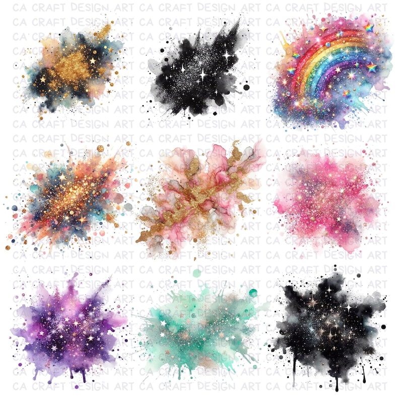 Puede incluir: Nueve dise&ntilde;os de acuarela con explosiones coloridas con purpurina y estrellas. Los dise&ntilde;os incluyen esquemas de color arco&iacute;ris, dorado, negro, rosa, morado y verde azulado. El texto "CA CRAFT DESIGN ART" se repite en la imagen.