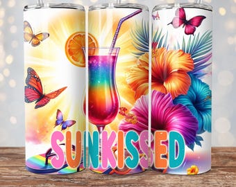 Sunkissed Tumbler Wrap, Beach Sunset 20 oz Skinny Tumbler Sublimation, Summer Sunset Ocean Hibiscus Plumeria Flowers Tumbler Wrap