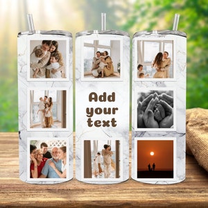 K&ouml;nnte beinhalten: Ein wei&szlig;er Marmorbecher mit einer Collage von Familienfotos. Die Fotos sind in einem wei&szlig;en Rahmen mit schwarzem Rand. Der Becher hat einen Strohhalm und den Text "F&uuml;gen Sie Ihren Text hinzu".