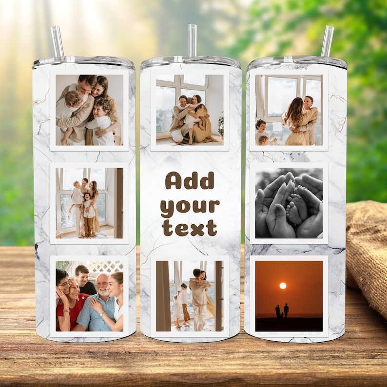 K&ouml;nnte beinhalten: Ein wei&szlig;er Marmorbecher mit einer Collage von Familienfotos. Die Fotos sind in einem wei&szlig;en Rahmen mit schwarzem Rand. Der Becher hat einen Strohhalm und den Text "F&uuml;gen Sie Ihren Text hinzu".