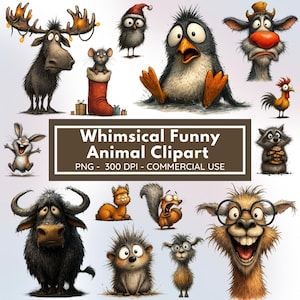 Könnte beinhalten: Eine Sammlung skurriler, lustiger Tier-Clipart-Illustrationen. Das Bild zeigt eine Vielzahl von Zeichentieren, darunter ein Elch, ein Pinguin und ein Eichhörnchen. Der Text auf dem Bild lautet "Whimsical Funny Animal Clipart".