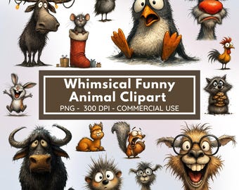 Whimsical Funny Animal Clipart Bundle – Cute Cartoon Animals PNG, 300 DPI Sublimation, Kids Art, Scrapbook Graphics, Digital Download